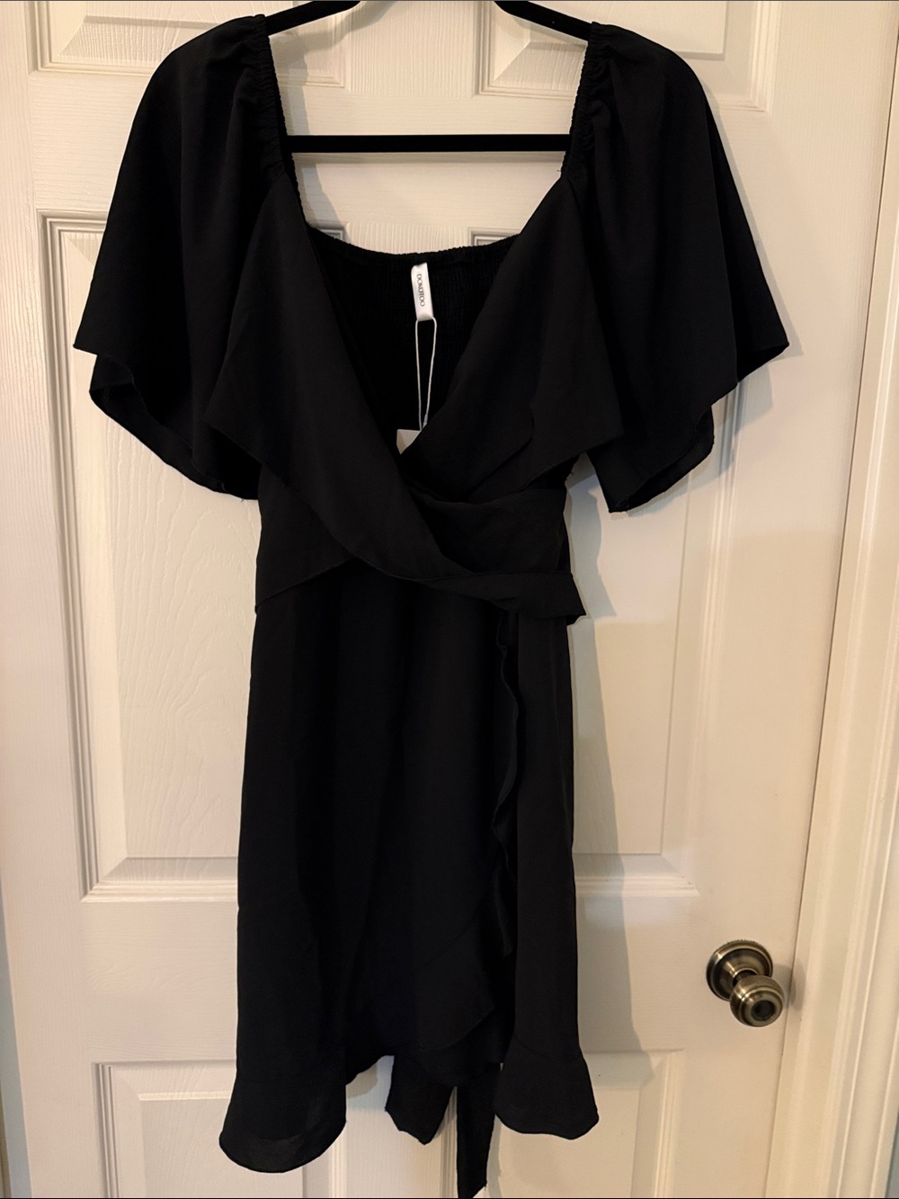 Elegant Black Wrap Mini Dress with Flutter Sleeves